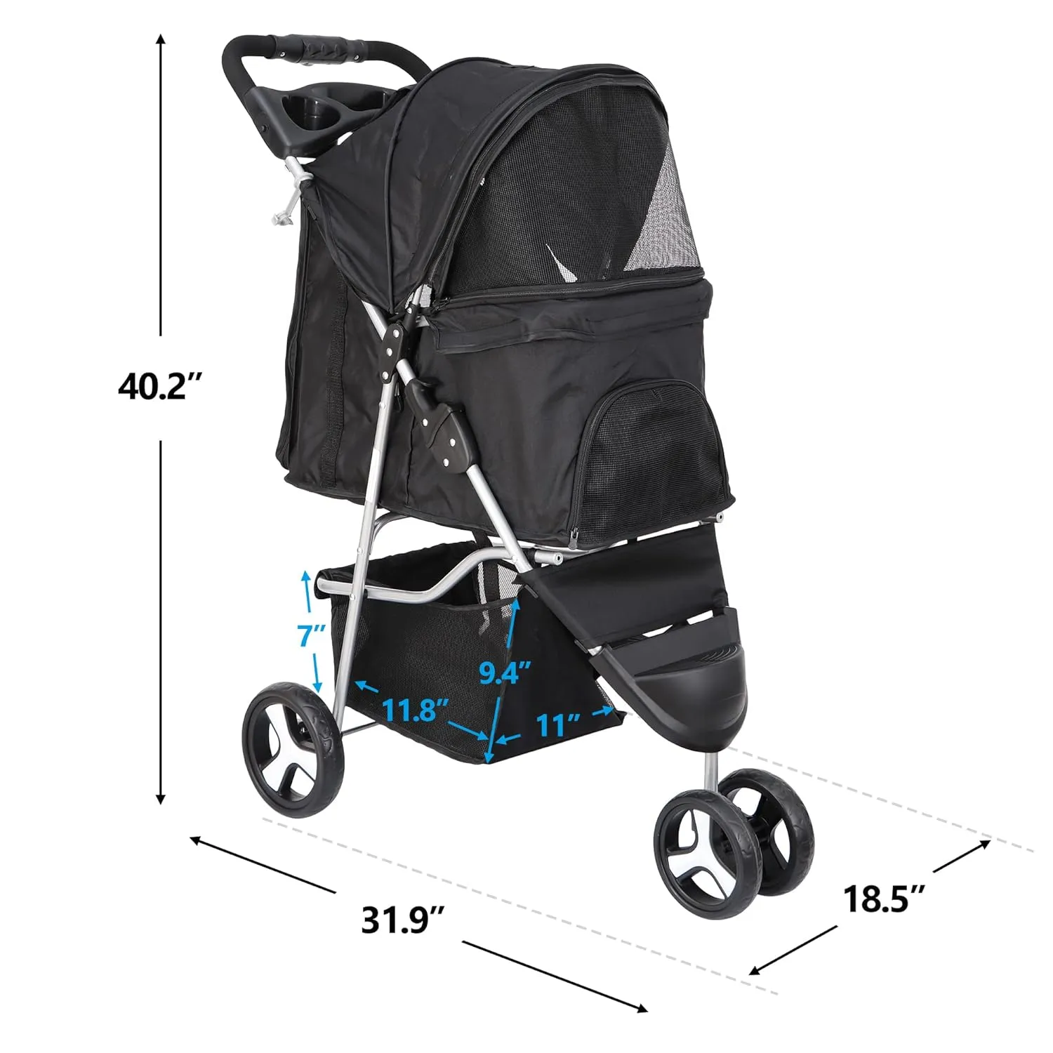 LEMY Foldable Pet Puppies Stroller for Cats and Dogs, 3 Wheels Travel Pet Carrier w/Weather Cover, Storage Basket and Cup Holder, Black