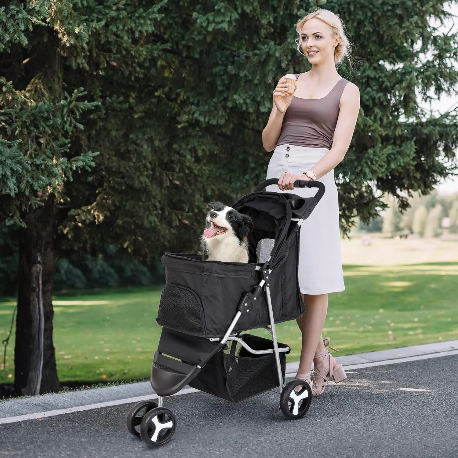 LEMY Foldable Pet Puppies Stroller for Cats and Dogs, 3 Wheels Travel Pet Carrier w/Weather Cover, Storage Basket and Cup Holder, Black