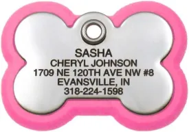 LuckyPet Pet ID Tag, Bone Frame Tag, Rugged Dog Tags with Colorful Frame, Custom Engraved, Medium, Neon Pink & Stainless
