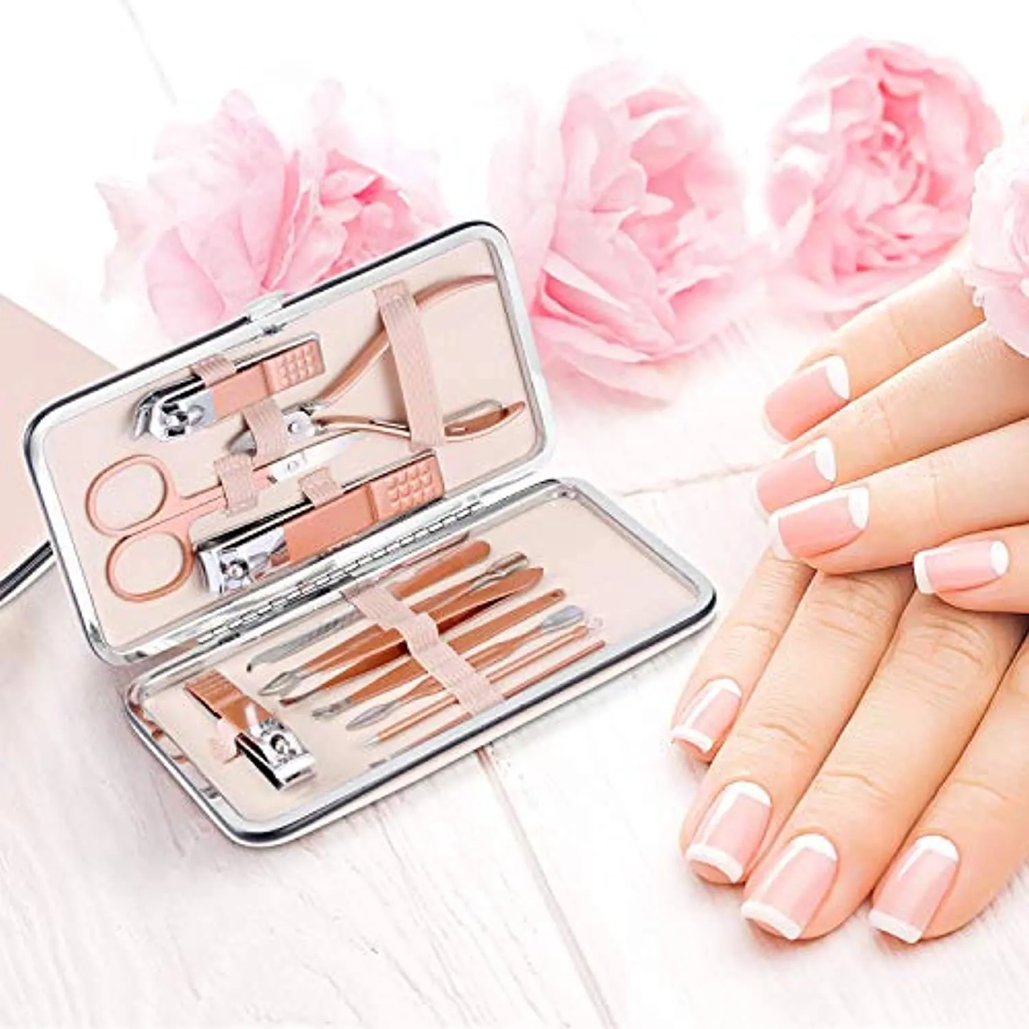 Manicure Set,Pedicure Kit Nail Scissors Stainless Steel Professional Toenails Cuticle Cutter Clipper Fingernails Grooming Kit with Pink Leather Travel Case (12pcs Pink)