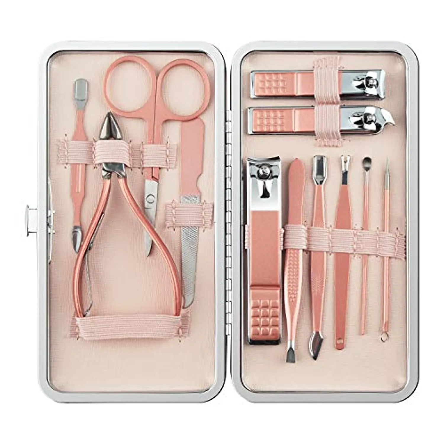 Manicure Set,Pedicure Kit Nail Scissors Stainless Steel Professional Toenails Cuticle Cutter Clipper Fingernails Grooming Kit with Pink Leather Travel Case (12pcs Pink)