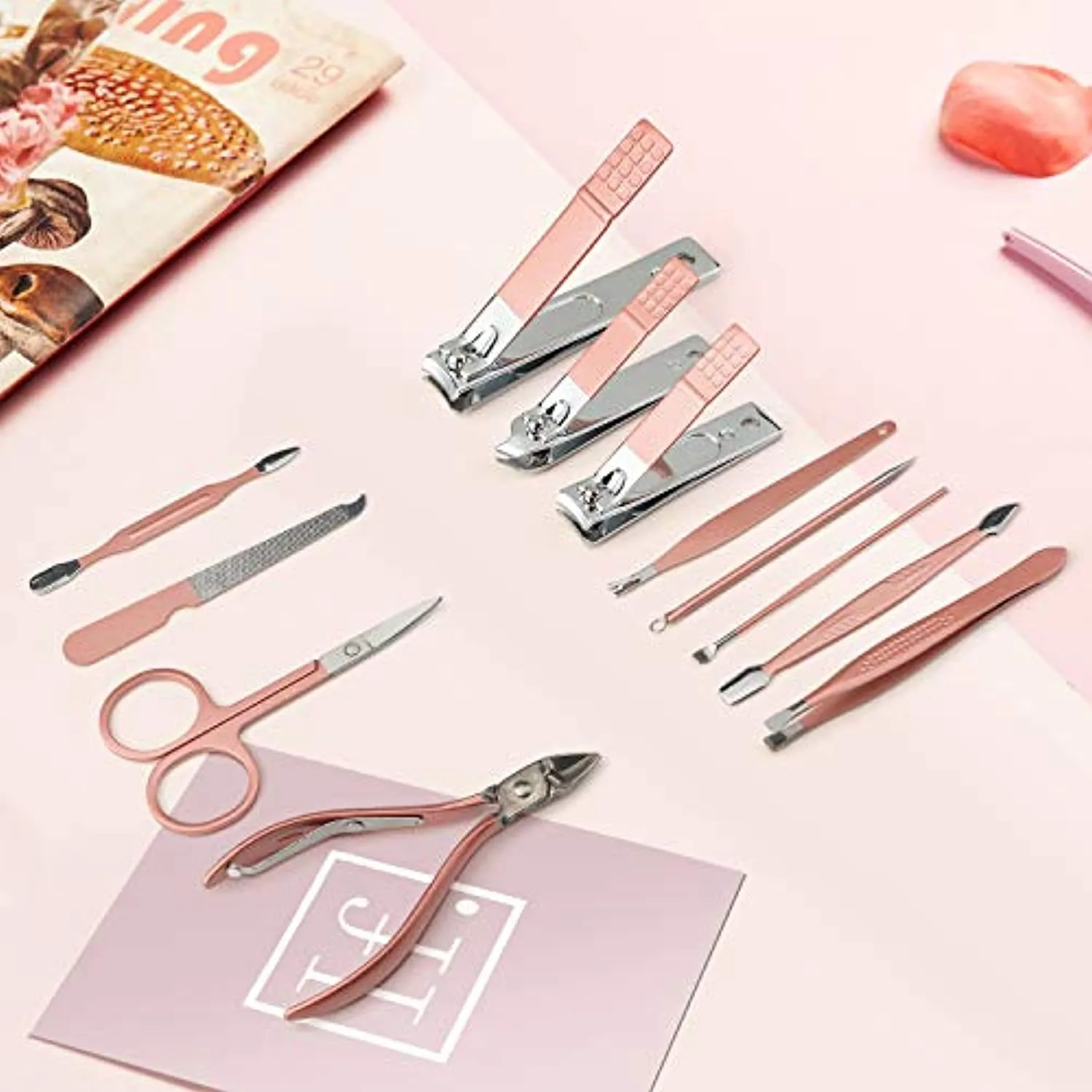 Manicure Set,Pedicure Kit Nail Scissors Stainless Steel Professional Toenails Cuticle Cutter Clipper Fingernails Grooming Kit with Pink Leather Travel Case (12pcs Pink)