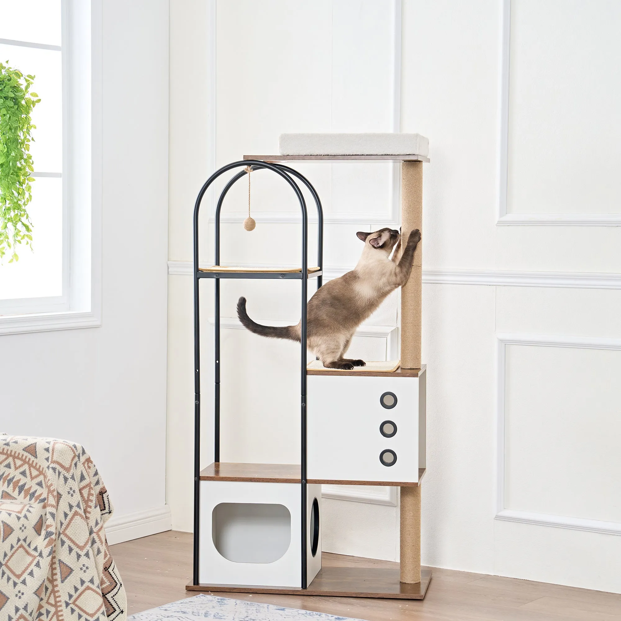 Multi-Level Cat Condo with Caves, Scratching Posts, Perch and Toy