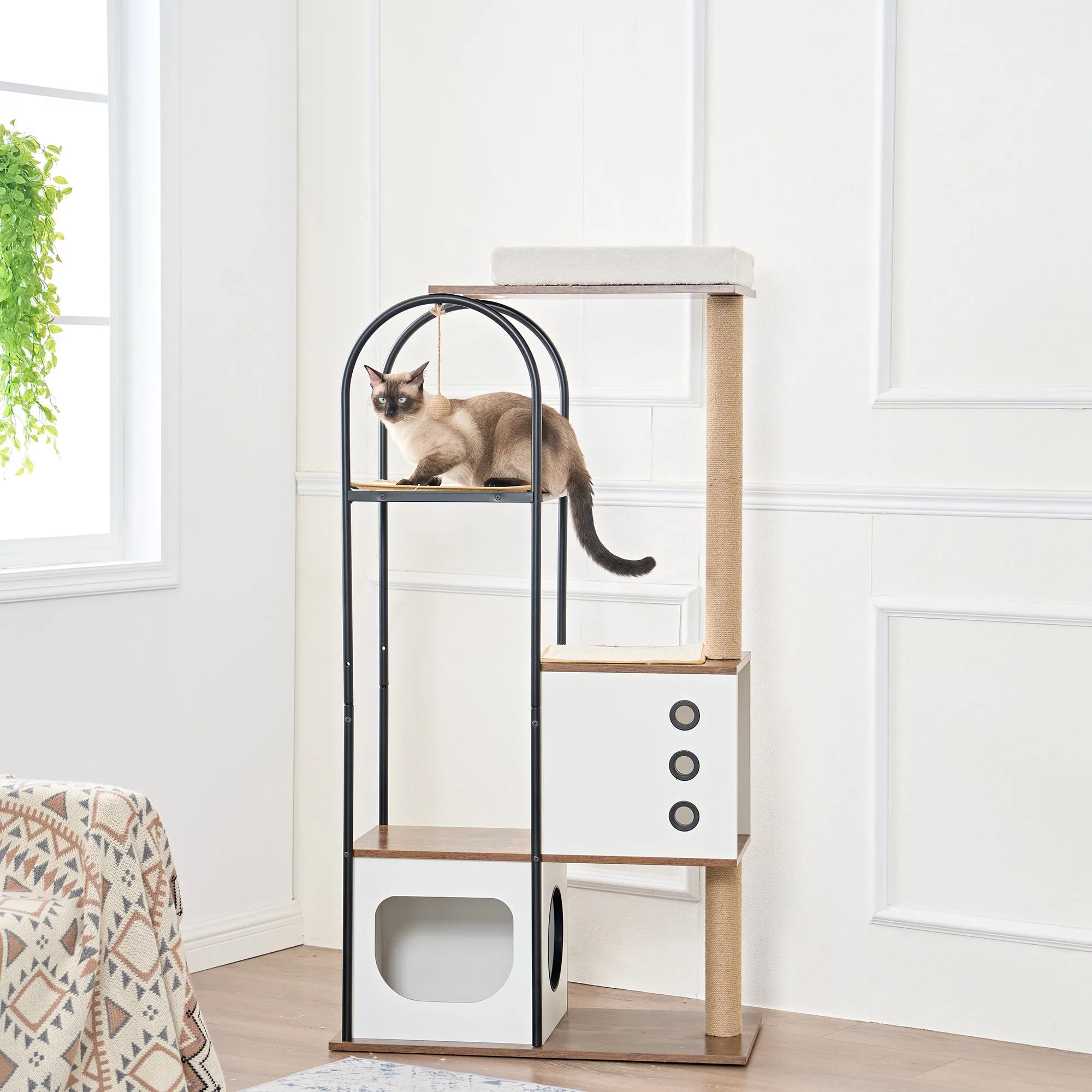 Multi-Level Cat Condo with Caves, Scratching Posts, Perch and Toy