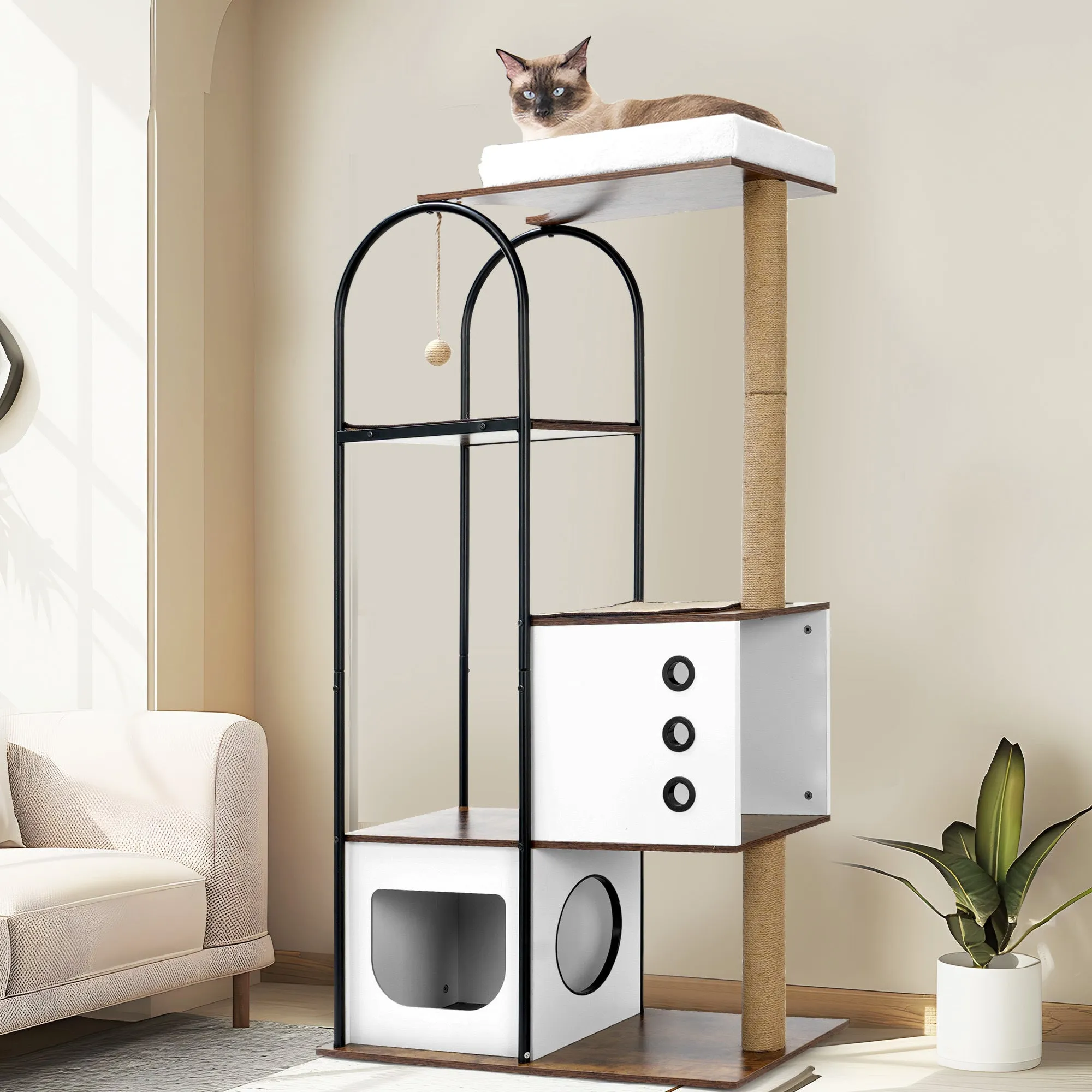 Multi-Level Cat Condo with Caves, Scratching Posts, Perch and Toy