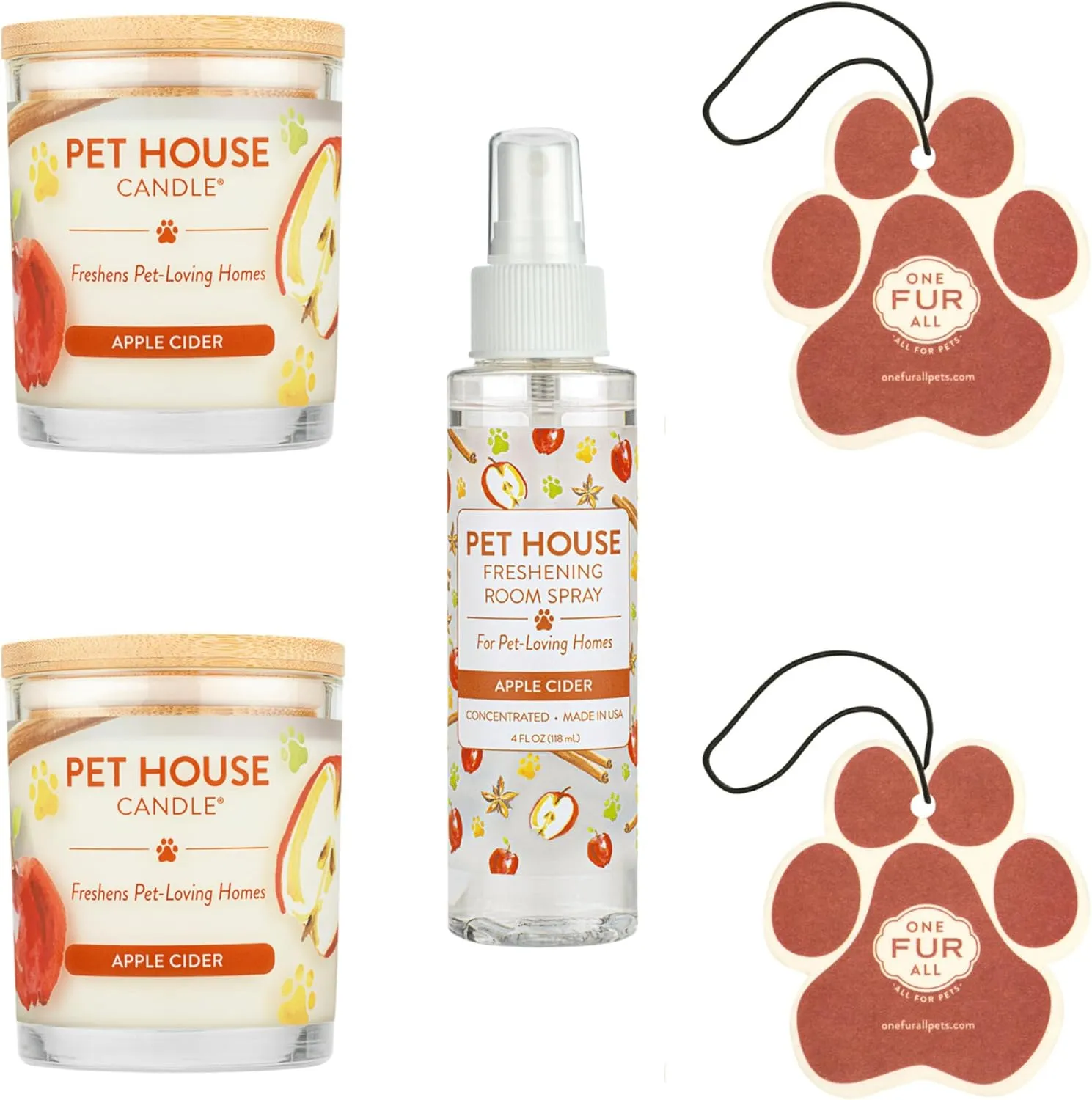 One Fur All Value Pack, Pet Candles, Room Spray and Car Air Freshener, Plant-Based Scented Pet Odor Candles and Long Lasting Air Fresheners - Apple Cider