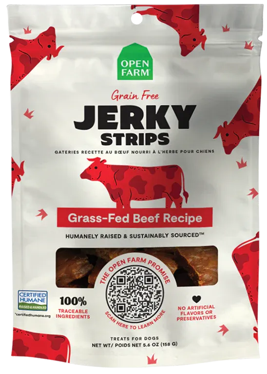 Open Farm Grain-Free Grass-Fed Beef Jerky Strips 5.6oz. Dog Treat