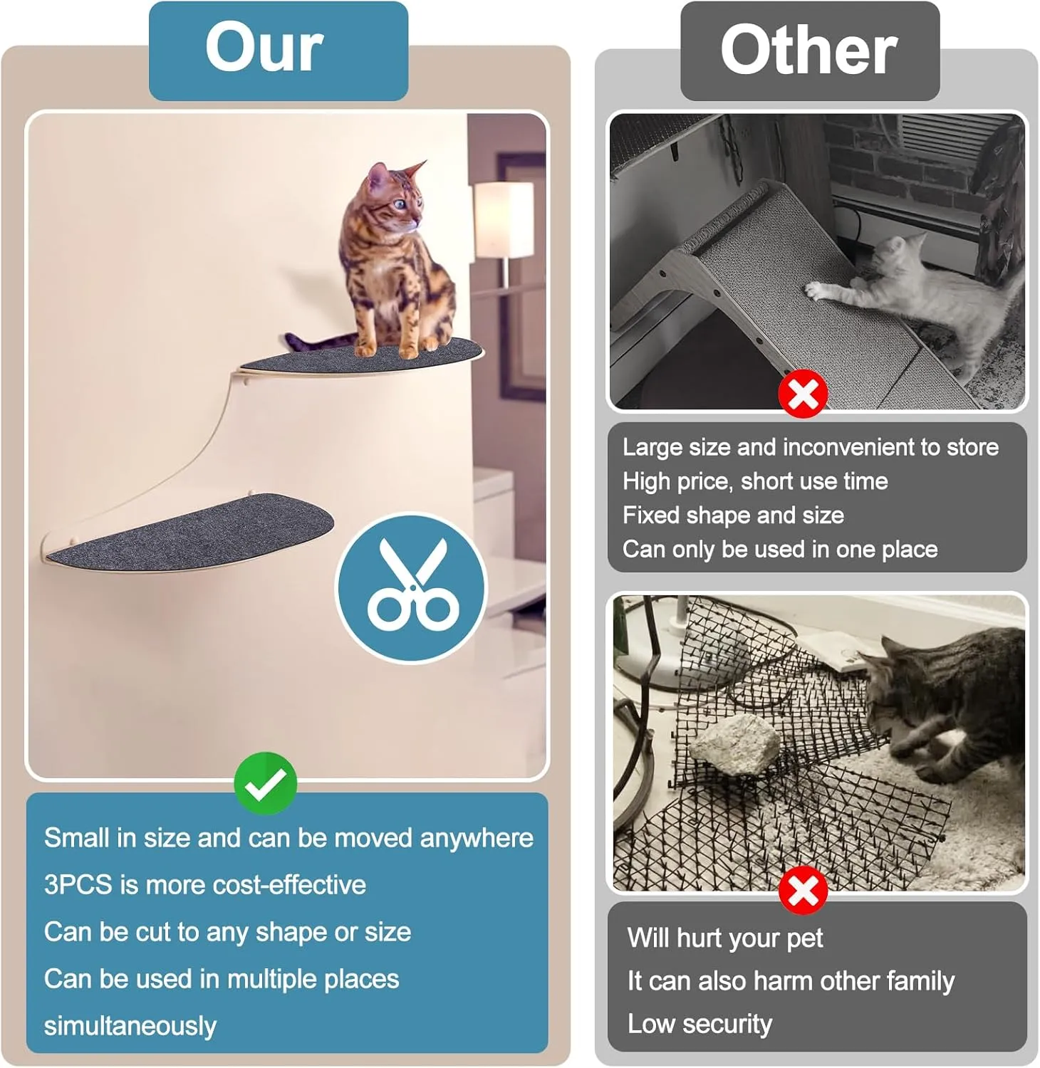 Palksky Climbing Cat Scratcher Mat, 3PCS 23.6"X11.8" Trimmable Self-Adhesive Cat Scratching Board, DIY Cat Scratching Pads for Couch Furniture Wall Cat Tree, Cat Climbing Wall Scratcher