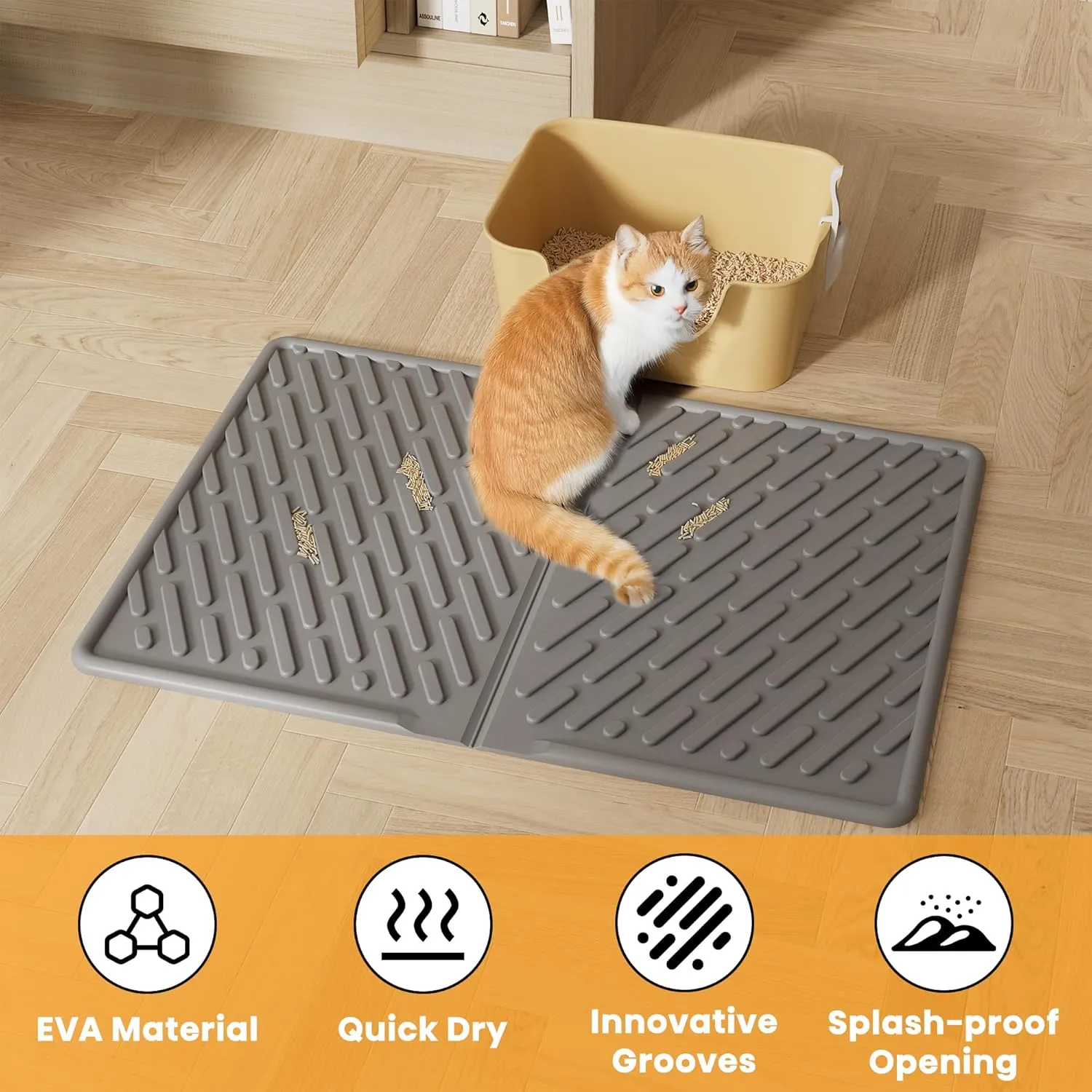 Pieviev Cat Litter Box Mat, 24"x 17" Scratch Resistant Litter Trapping Mat, Easy Clean for Scatter Control, Soft on Kitty Paws, Waterproof & Urine Proof for Indoor Use, Gray