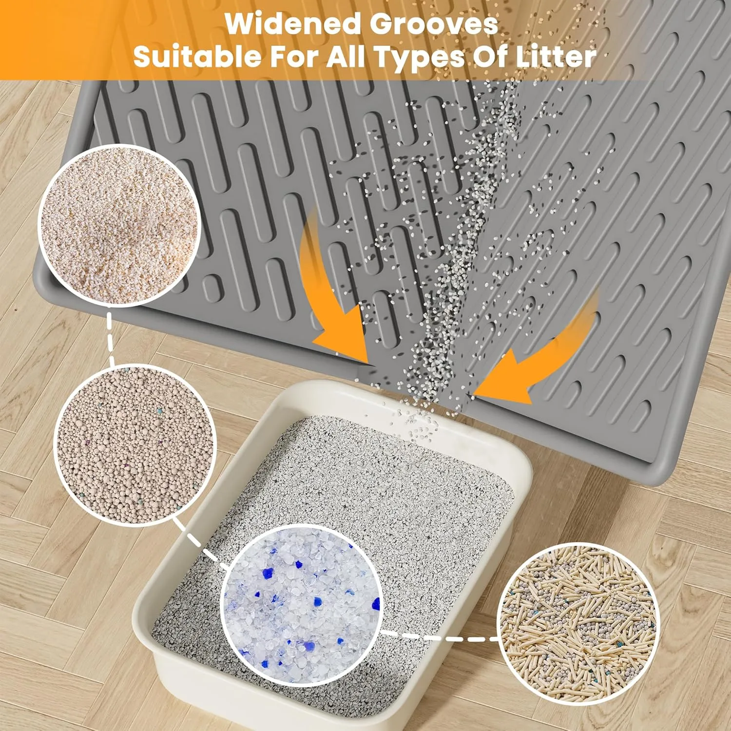 Pieviev Cat Litter Box Mat, 24"x 17" Scratch Resistant Litter Trapping Mat, Easy Clean for Scatter Control, Soft on Kitty Paws, Waterproof & Urine Proof for Indoor Use, Gray