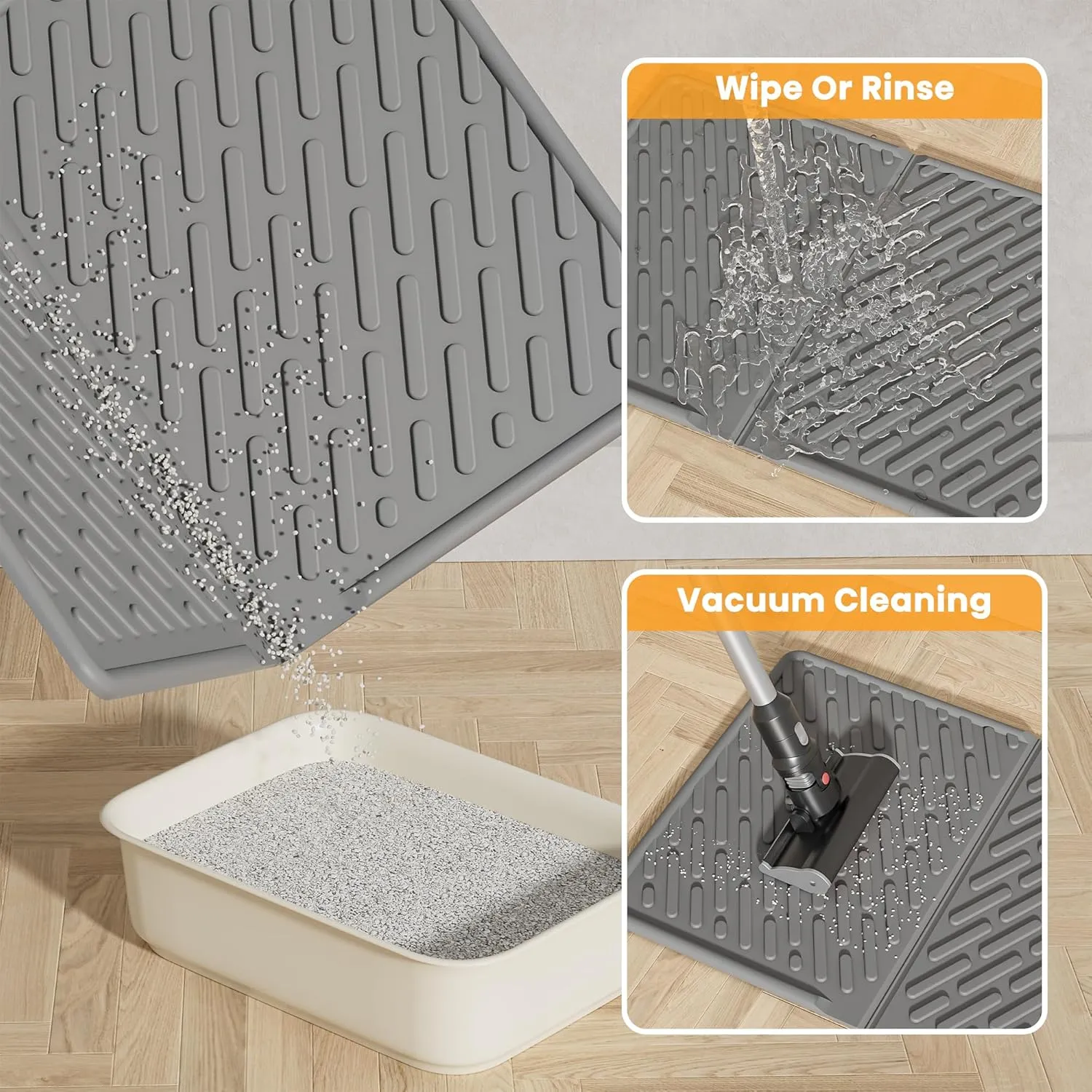 Pieviev Cat Litter Box Mat, 24"x 17" Scratch Resistant Litter Trapping Mat, Easy Clean for Scatter Control, Soft on Kitty Paws, Waterproof & Urine Proof for Indoor Use, Gray