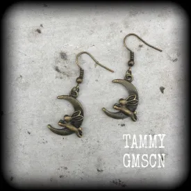 Rabbit earrings Crescent Moon earrings Animal earrings Kitsch earrings Bronze earrings Dangle earrings Pierced ears Cute earrings Gauges 2g