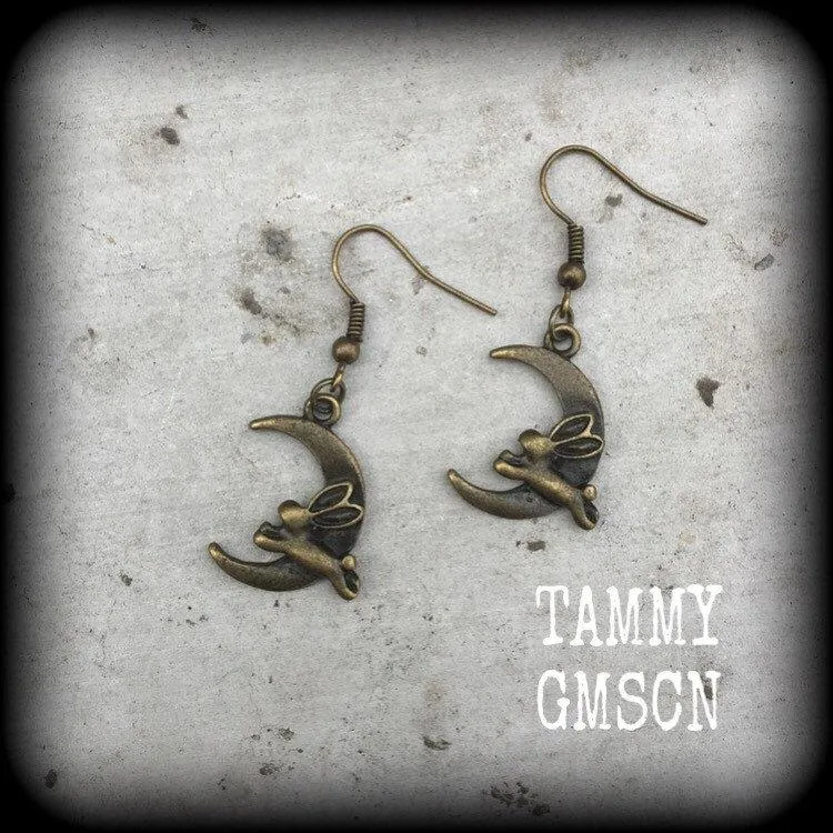 Rabbit earrings Crescent Moon earrings Animal earrings Kitsch earrings Bronze earrings Dangle earrings Pierced ears Cute earrings Gauges 2g