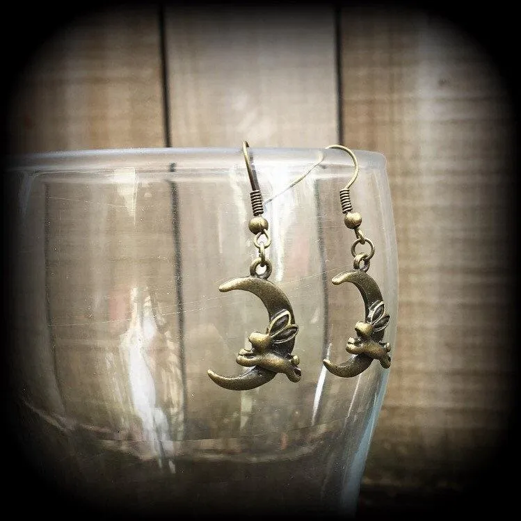 Rabbit earrings Crescent Moon earrings Animal earrings Kitsch earrings Bronze earrings Dangle earrings Pierced ears Cute earrings Gauges 2g