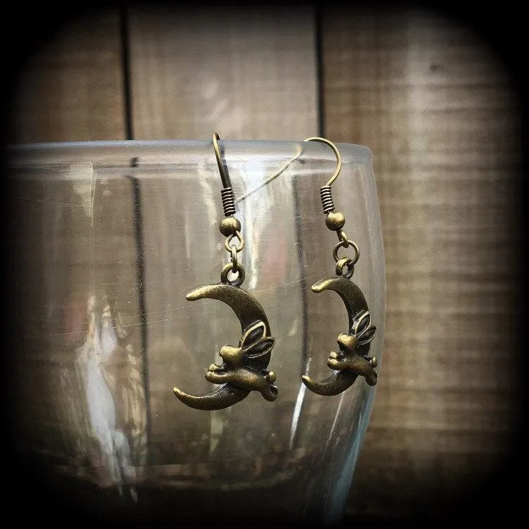 Rabbit earrings Crescent Moon earrings Animal earrings Kitsch earrings Bronze earrings Dangle earrings Pierced ears Cute earrings Gauges 2g