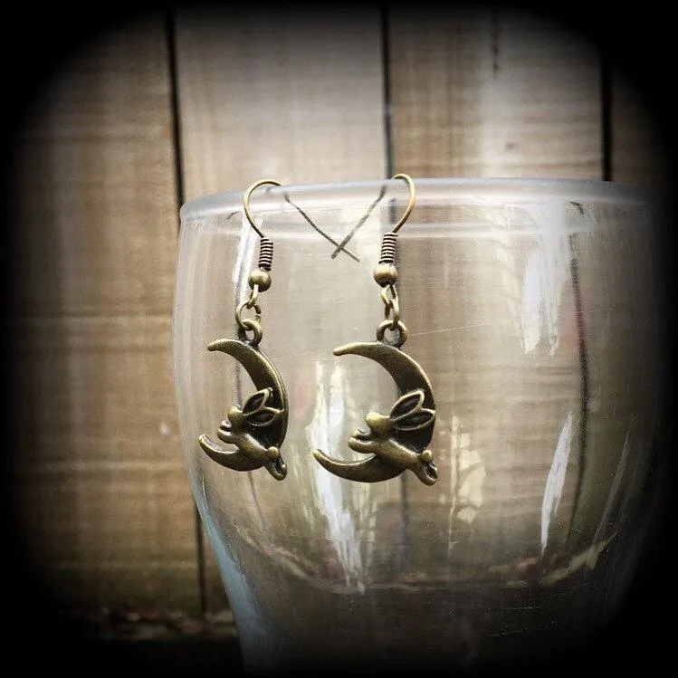 Rabbit earrings Crescent Moon earrings Animal earrings Kitsch earrings Bronze earrings Dangle earrings Pierced ears Cute earrings Gauges 2g