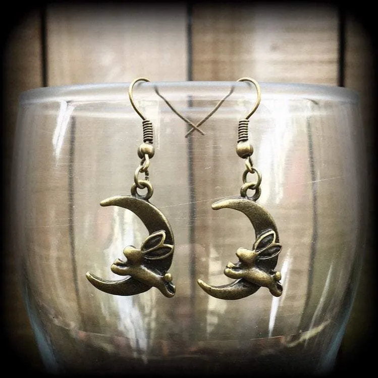 Rabbit earrings Crescent Moon earrings Animal earrings Kitsch earrings Bronze earrings Dangle earrings Pierced ears Cute earrings Gauges 2g