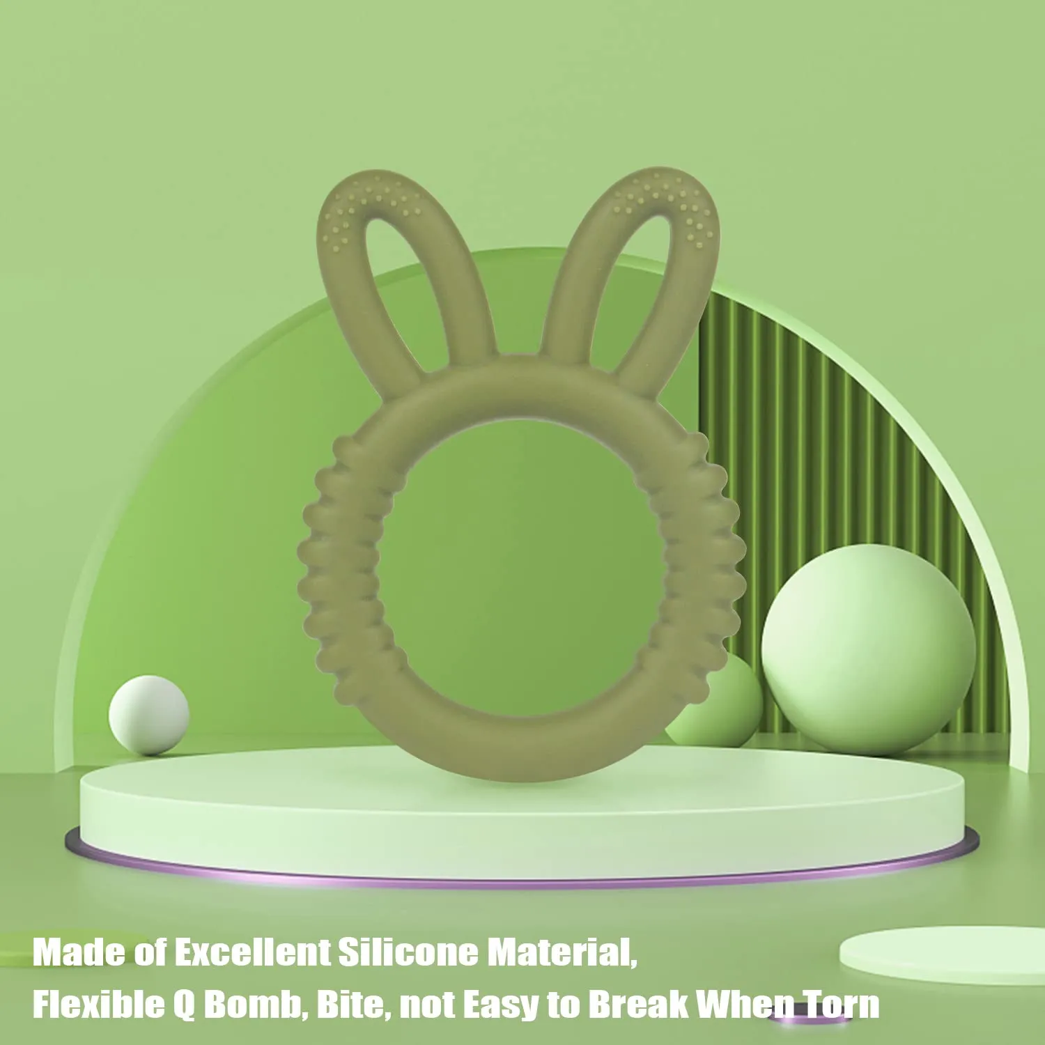 Silicone Babies Teethers Baby Teething Toys for Soothe Massage Sore Gums for 3-12 Months Infants, BPA Free, Easter Gifts for Boys and Girls, Ring Shape Rabbit Ear Design (Army Green)