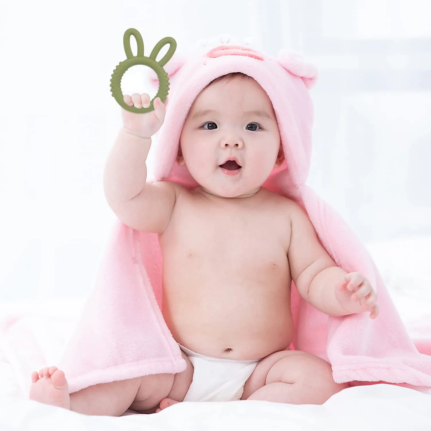 Silicone Babies Teethers Baby Teething Toys for Soothe Massage Sore Gums for 3-12 Months Infants, BPA Free, Easter Gifts for Boys and Girls, Ring Shape Rabbit Ear Design (Army Green)
