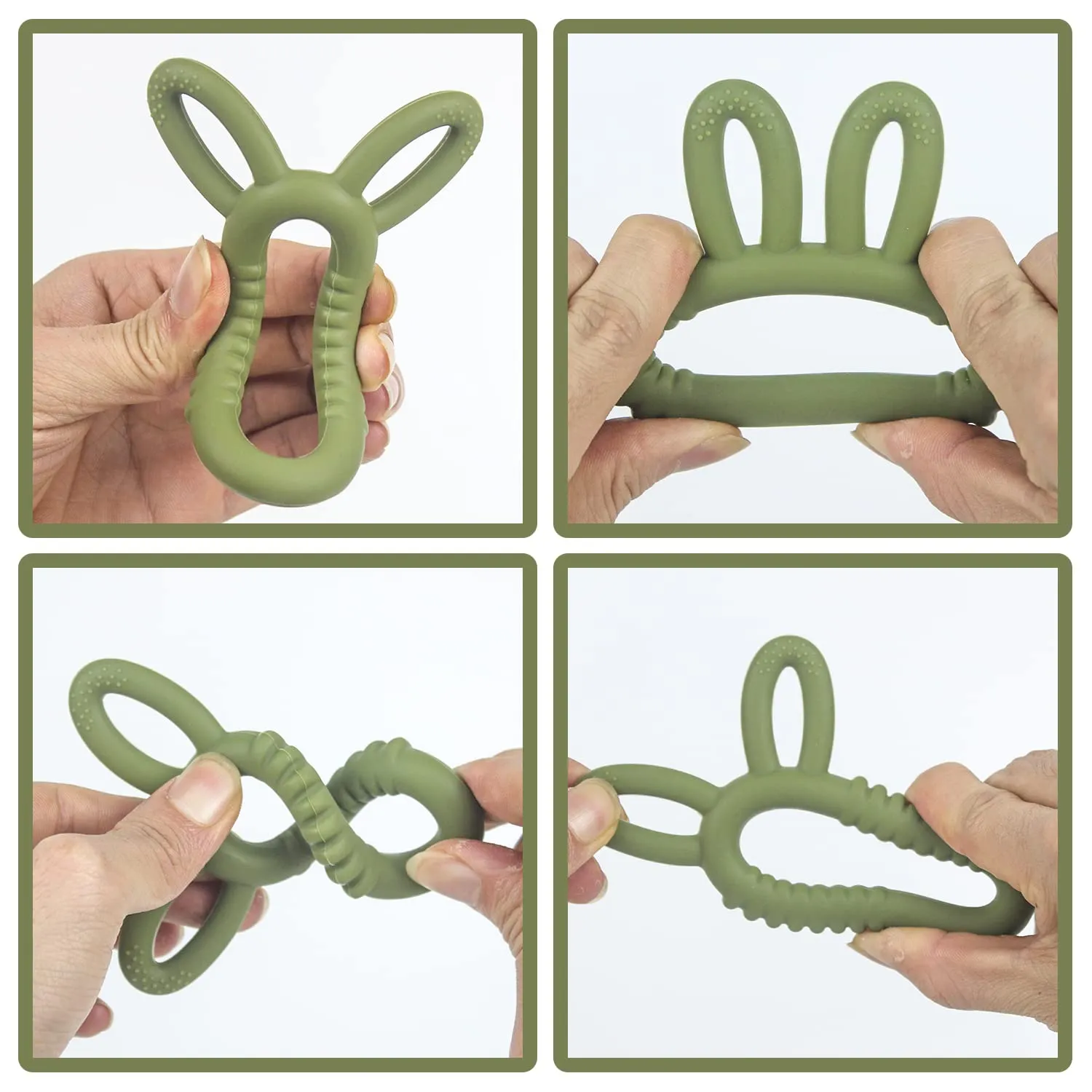 Silicone Babies Teethers Baby Teething Toys for Soothe Massage Sore Gums for 3-12 Months Infants, BPA Free, Easter Gifts for Boys and Girls, Ring Shape Rabbit Ear Design (Army Green)