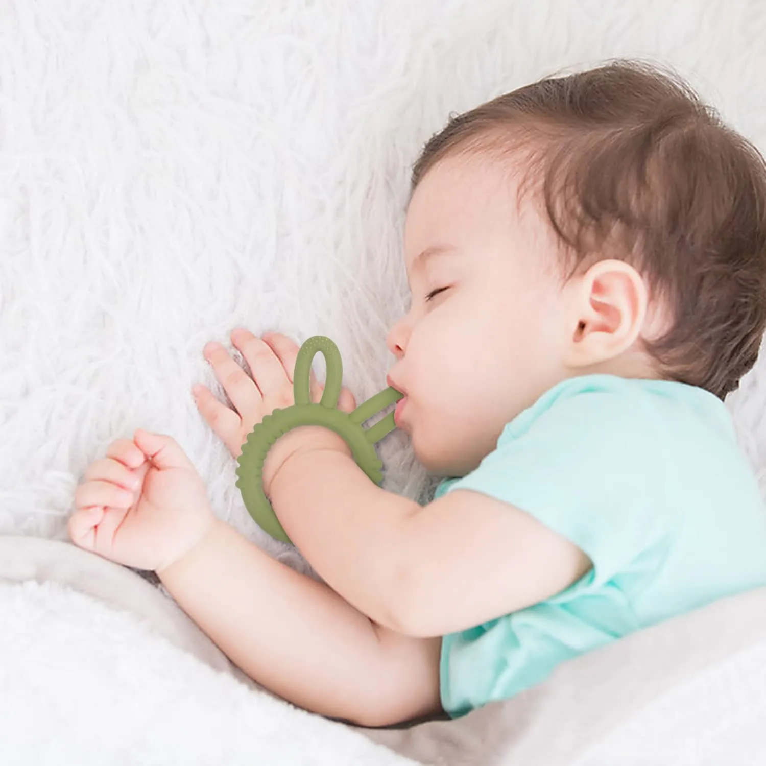 Silicone Babies Teethers Baby Teething Toys for Soothe Massage Sore Gums for 3-12 Months Infants, BPA Free, Easter Gifts for Boys and Girls, Ring Shape Rabbit Ear Design (Army Green)
