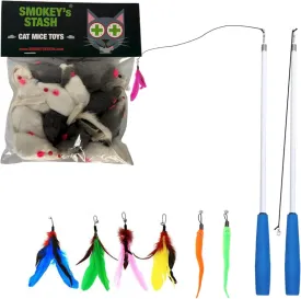Smokey's Stash 12 Pack Rabbit Fur Mouse Cat Toy Pack Mice and 2pc Cat Fishing Pole with Toy Refills