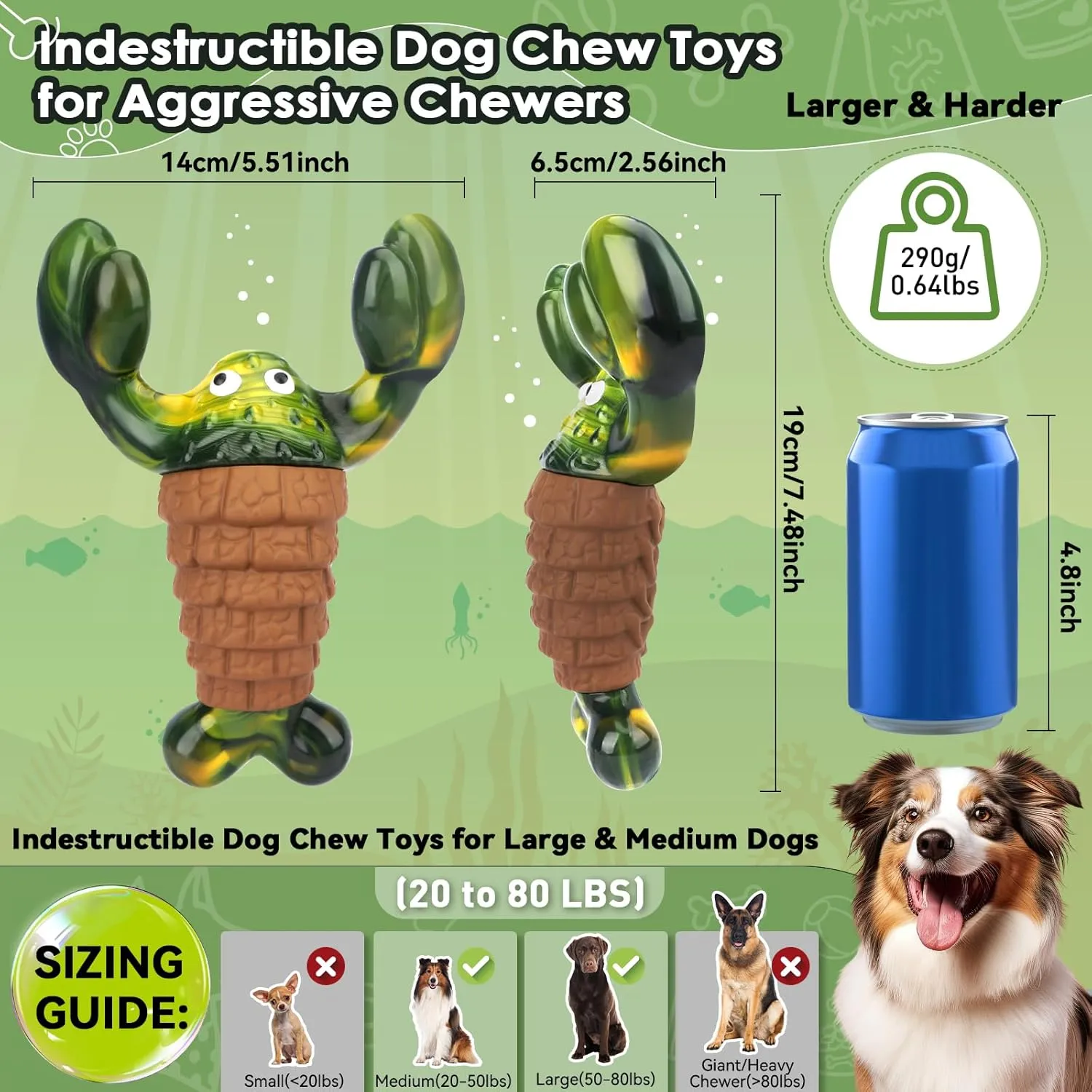 Squeaky Dog Toys for Aggressive Chewers for Large Dogs, Interactive Dog Chew Toy to Keep Them Busy, Indestructible Squeaky Dog Toys, Tough Toy for Medium/Large Dogs (Green)