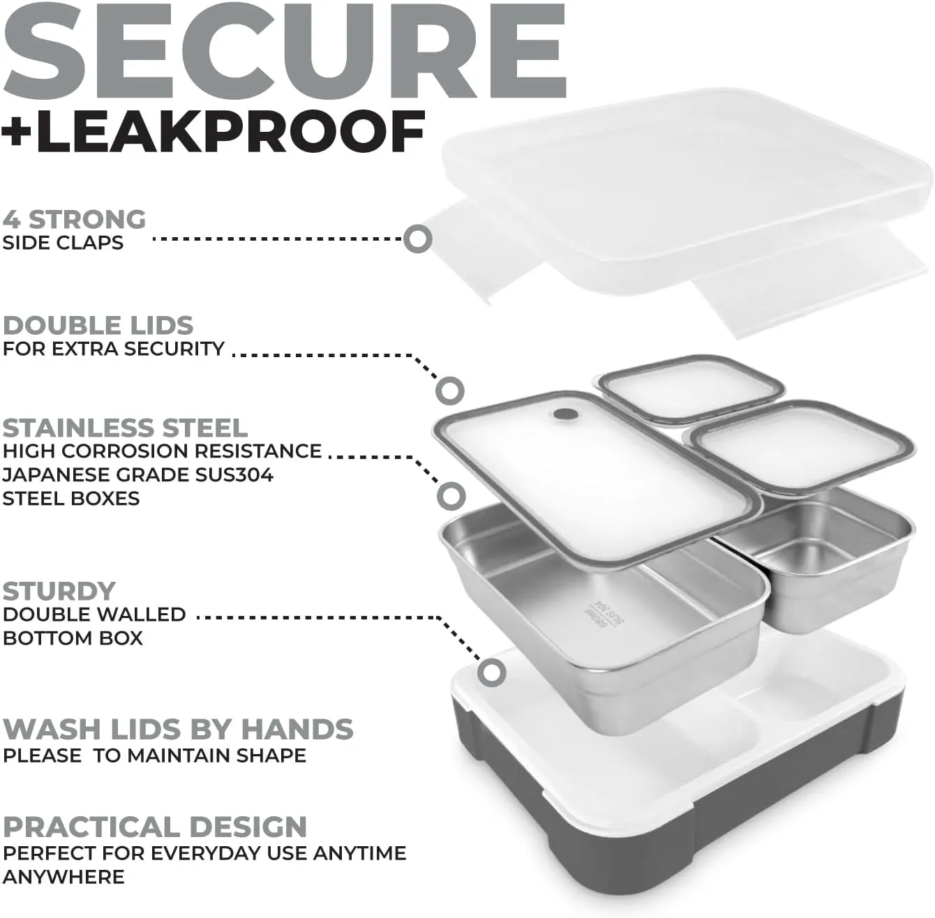 Stainless Steel Bento Lunch Box Set for Adults, Kids - Insulated Bag and Ice Pack - Leak-Proof Metal Compartment Meal Prep Food & Snack Containers for Work Travel School Daycare, 42 oz Grey Black