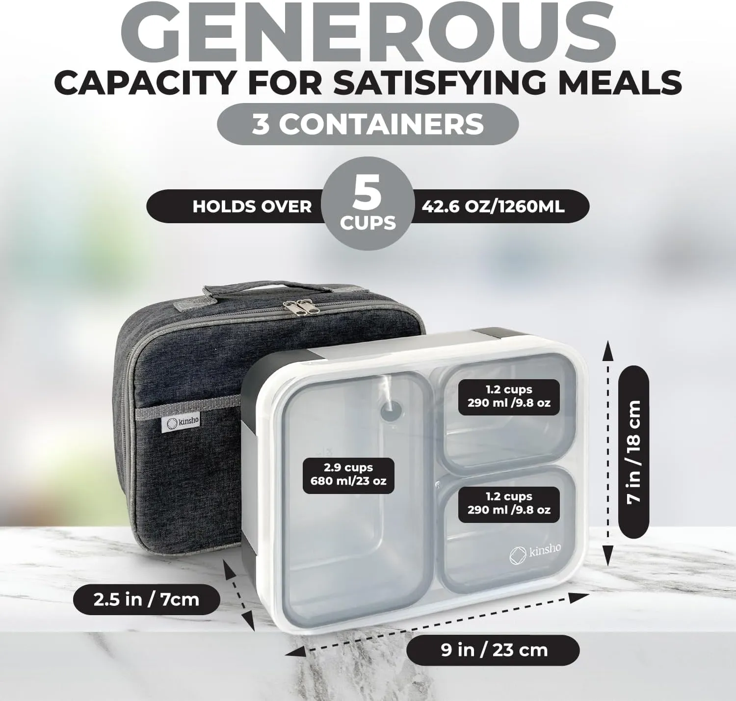 Stainless Steel Bento Lunch Box Set for Adults, Kids - Insulated Bag and Ice Pack - Leak-Proof Metal Compartment Meal Prep Food & Snack Containers for Work Travel School Daycare, 42 oz Grey Black