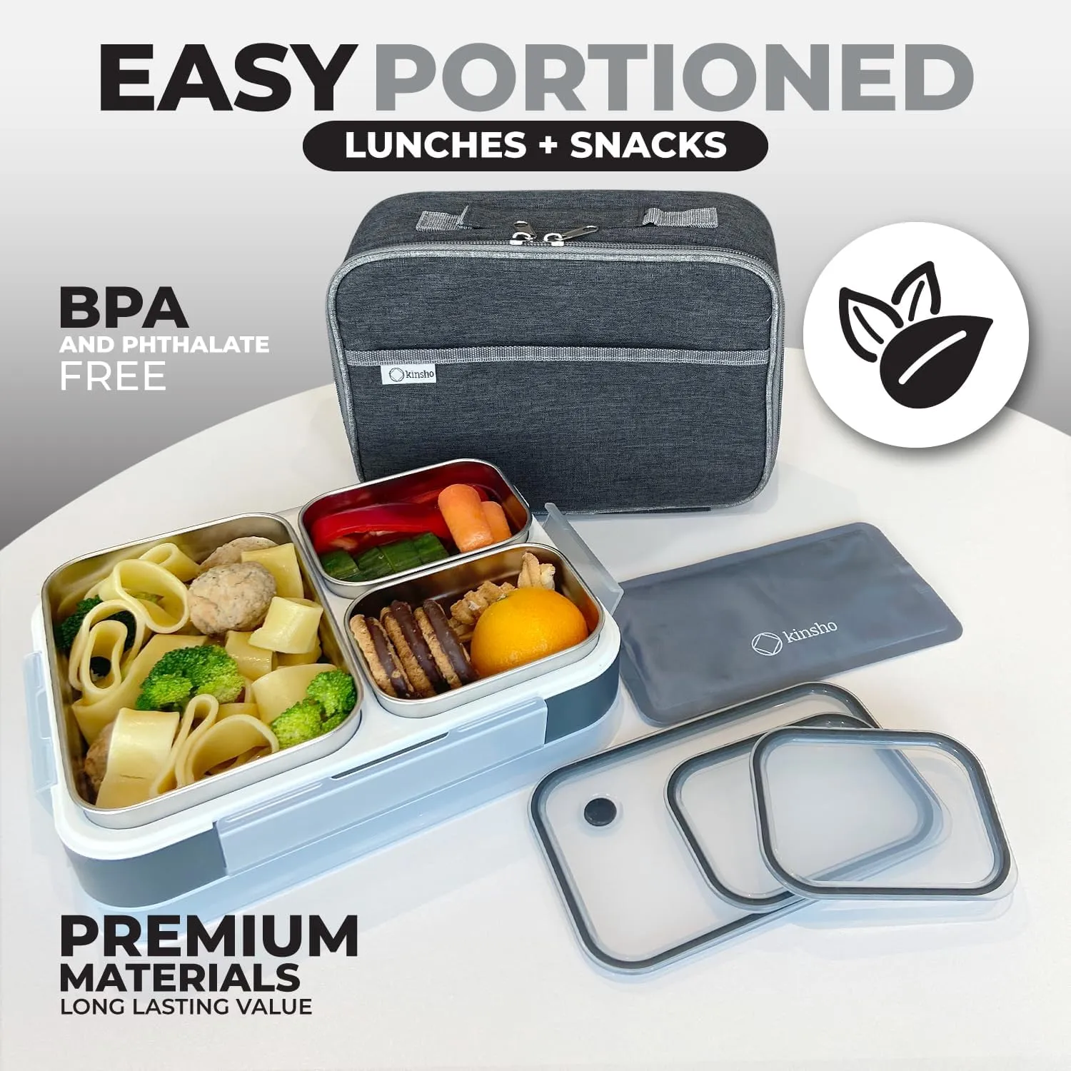 Stainless Steel Bento Lunch Box Set for Adults, Kids - Insulated Bag and Ice Pack - Leak-Proof Metal Compartment Meal Prep Food & Snack Containers for Work Travel School Daycare, 42 oz Grey Black