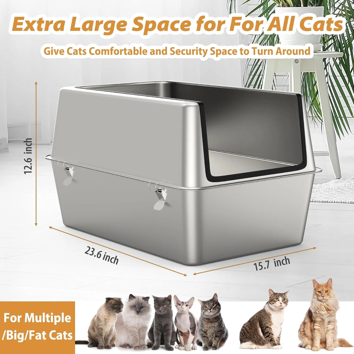 Stainless Steel Cat Litter Box with Lid,XL Extra Large Enclosure Removable Metal Litter Box High Sided for Big Cats,with Litter Scoop,Double Layer Litter Mat,Anti-Leakage,Non-Stick,Non-Odor