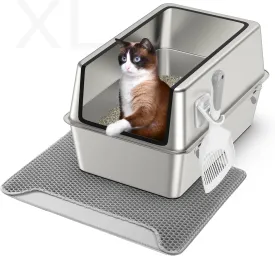Stainless Steel Cat Litter Box with Lid,XL Extra Large Enclosure Removable Metal Litter Box High Sided for Big Cats,with Litter Scoop,Double Layer Litter Mat,Anti-Leakage,Non-Stick,Non-Odor