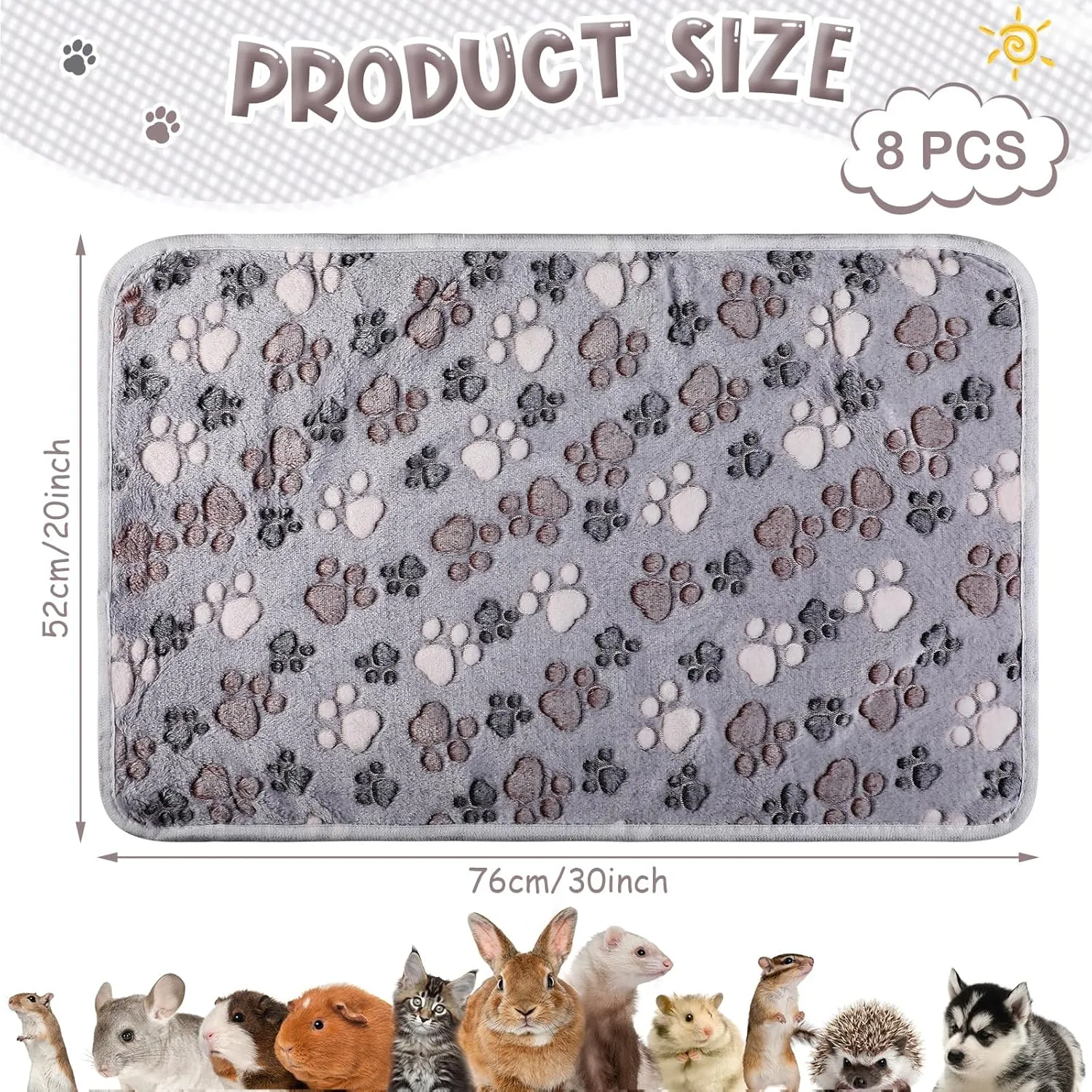 Tegeme 8 Pcs Fleece Dog Blankets for Small Dogs Cat Soft Coral Velvet Warm Sleep Mat Fluffy Dog Paw Print Blanket for Kitten Doggy Small Animal(30 x 20 Inch,Gray)