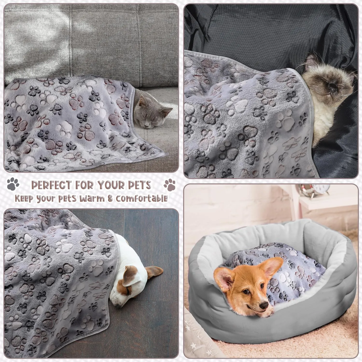 Tegeme 8 Pcs Fleece Dog Blankets for Small Dogs Cat Soft Coral Velvet Warm Sleep Mat Fluffy Dog Paw Print Blanket for Kitten Doggy Small Animal(30 x 20 Inch,Gray)