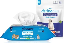 Vetnique Labs Glandex Dog Wipes Anal Gland Hygienic Wipes for Dogs (100ct) & Dermalbiss Dog Allergy Relief Soft Chew Supplement (30ct) Bundle