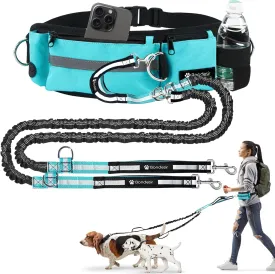 Waist Leash for Dog Walking 2 Dogs  Adjustable Waist Belt with No-Tangle Design, Reflective Hands Free Dog Leash 2 Dogs with Shock-Absorbing Bungee, Ideal for Running & Walking