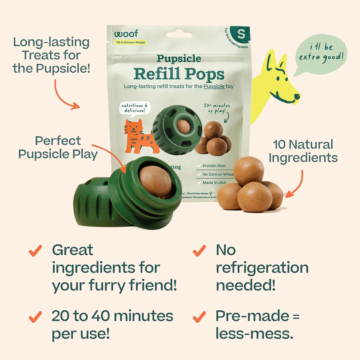 WOOF Pupsicle Refill Pops, Delicious Long Lasting Dog Treats, Pre-Made Pupsicle Refills for Dogs, Wholesome Ingredients, Low-Mess Chicken Pet Treats - Small Pops - 10 Count