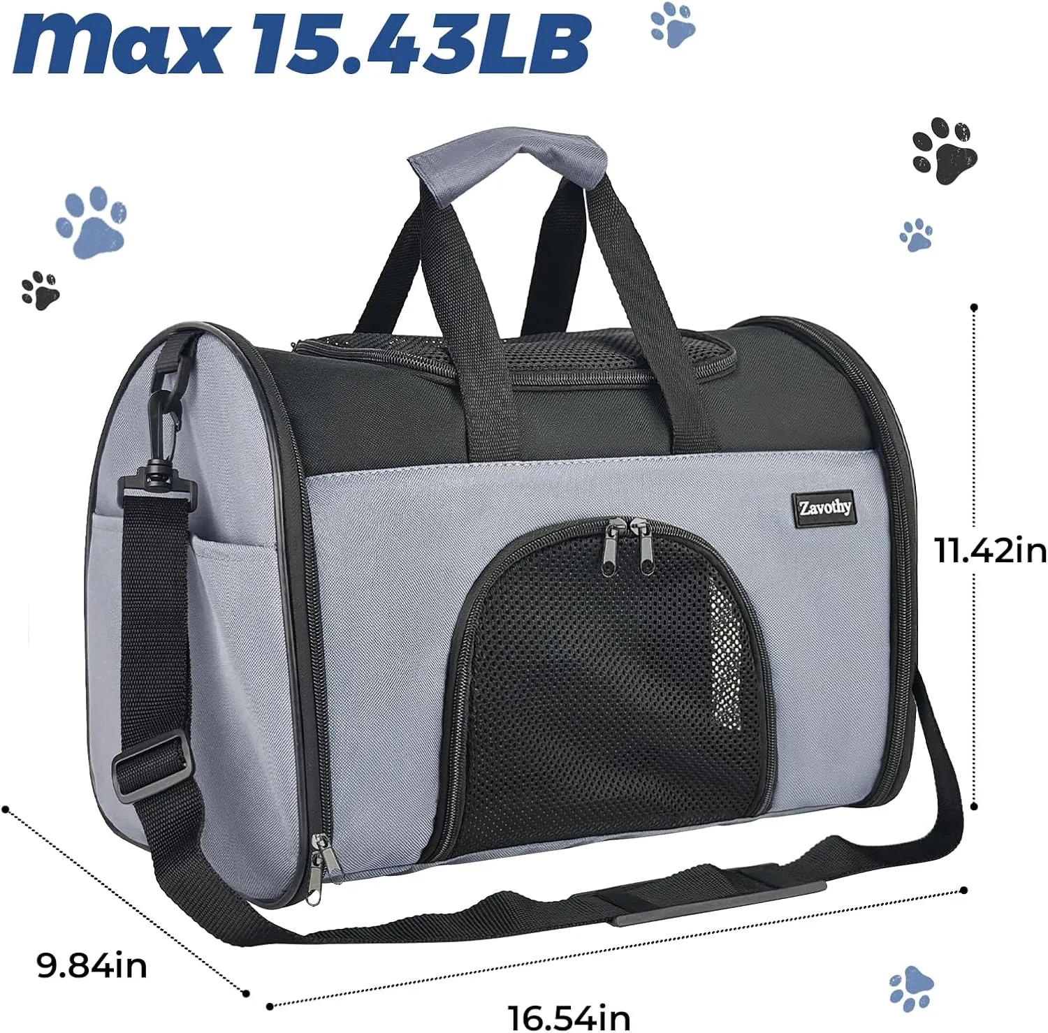 Zavothy Collapsible TSA Approved Pet Carrier for Cats & Dogs (Up to 15 Lbs, 16.54"x11.42"x9.84")  Soft-Sided Airline Travel Carrier, Grey